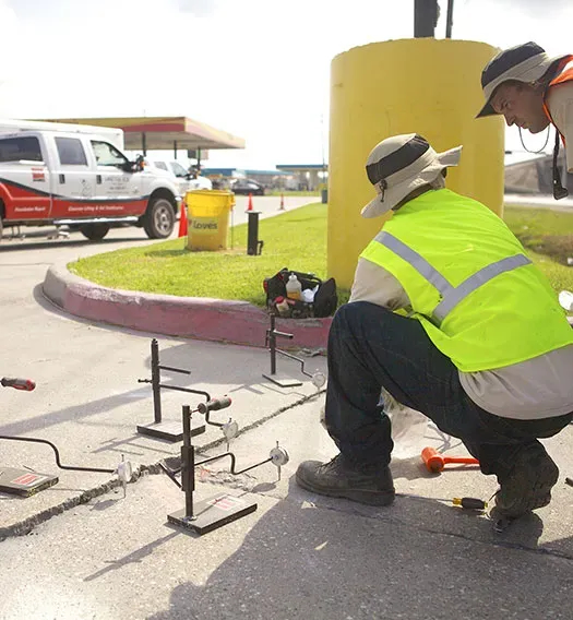 URETEK technician performing UDI in parking lot