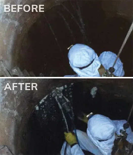 Before and after of manhole with worker descending