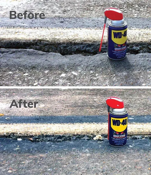 Before and After shot of repaired road with WD-40 can in foreground