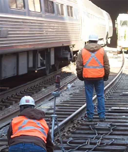 Two technicians over performing URETEK Deep Injection on a railroad