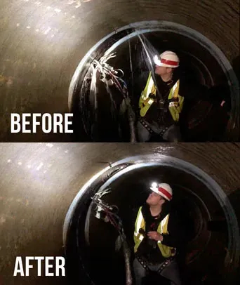 Before and after of manhole at night